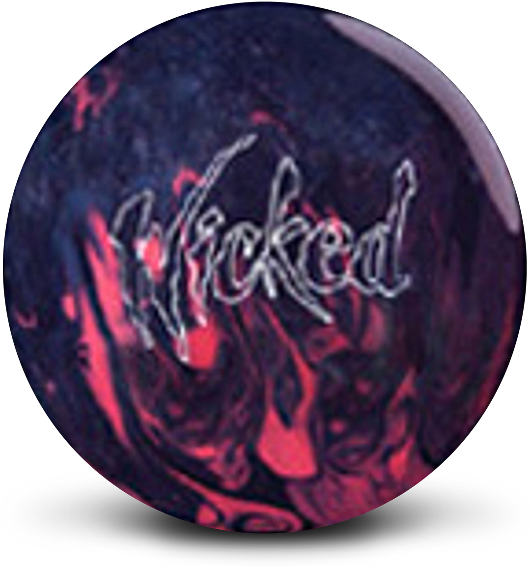 A black, red, and teal colored bowling ball with the Wicked logo in white centered prominently.