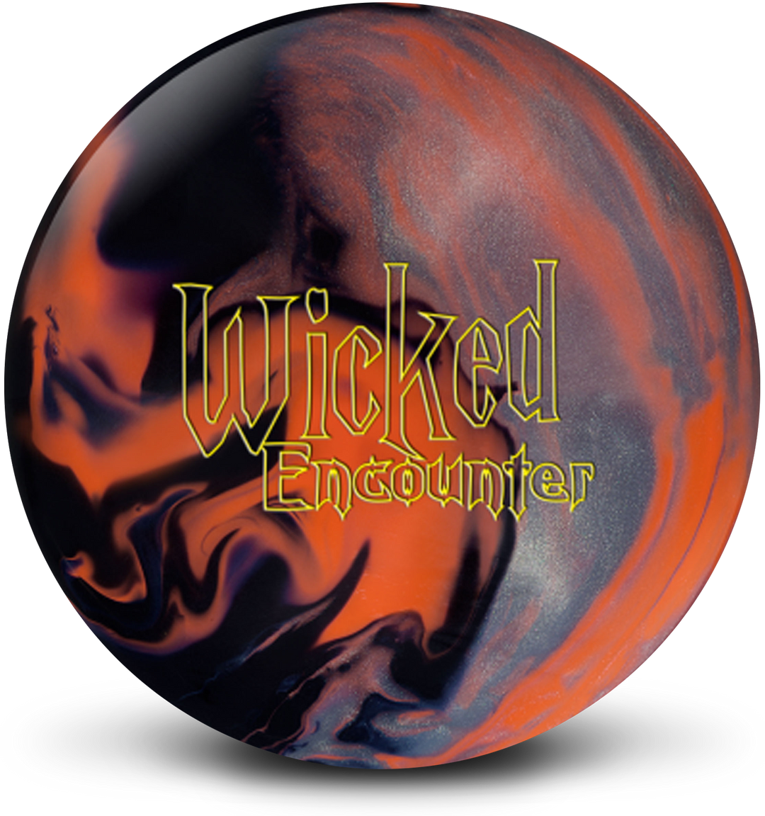 An orange, black, and silver colored bowling ball with the Wicked Encounter logo in yellow centered prominently.