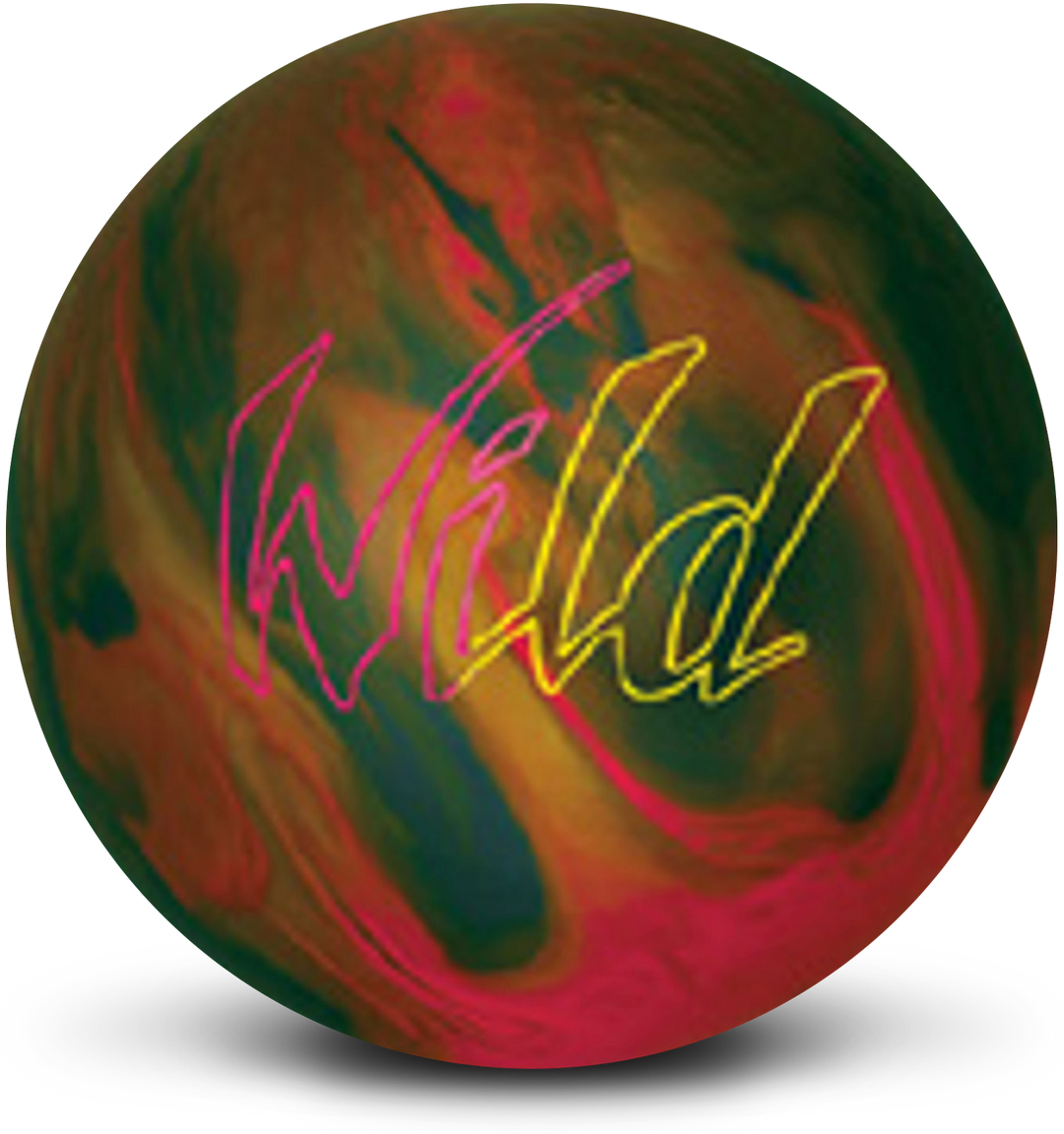 A red, purple, and gold pearl colored bowling ball with the Wild logo in pink and yellow centered prominently.