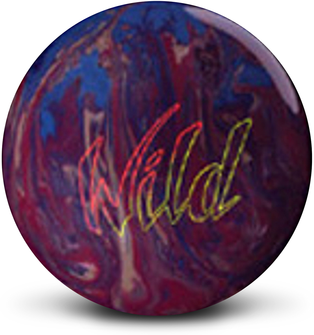 A red, gold, royal pearl colored bowing ball with the Wild logo in red and yellow centered prominently.