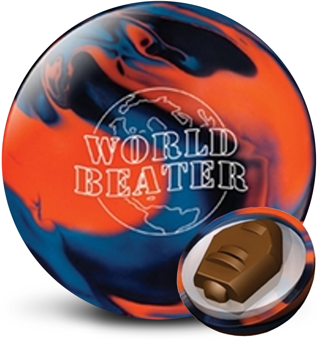 A black, orange, and blue colored bowling ball with the World Beater logo in white centered prominently with a small core image in the lower right-hand corner.