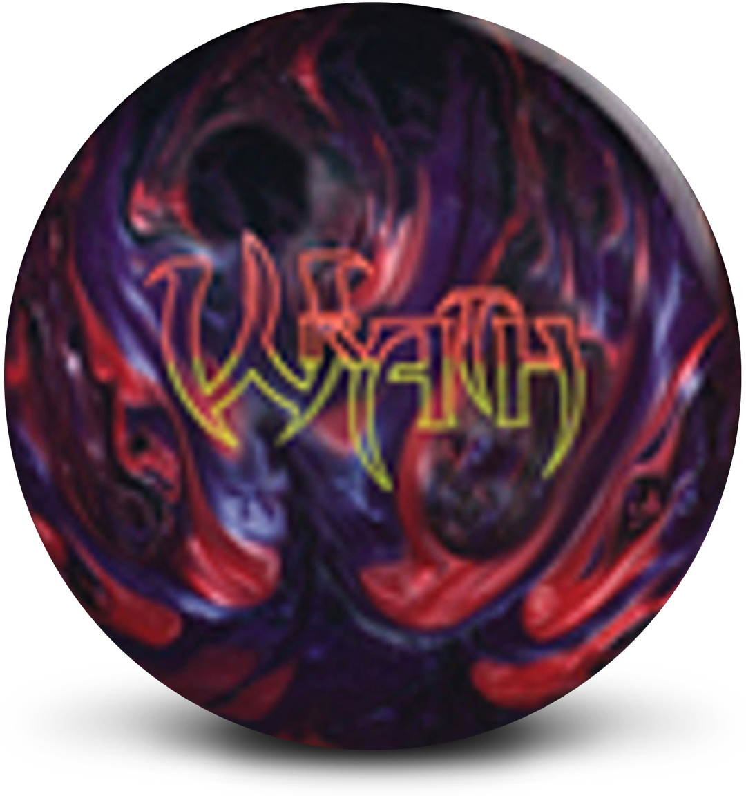 A purple, black, and pink colored bowling ball with the Wrath login in orange and yellow centered prominently.