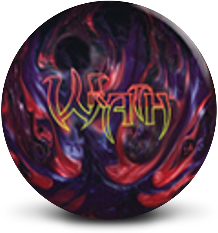 A purple, black, and pink colored bowling ball with the Wrath login in orange and yellow centered prominently.