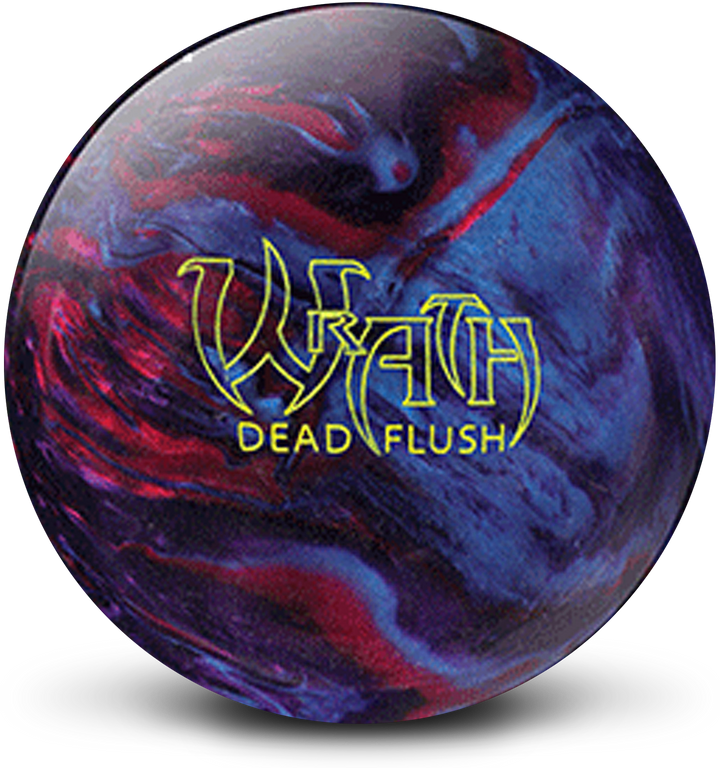 A purple, blue, and red pearl colored bowling ball with the Wrath Dead Flush logo in yellow centered prominently.