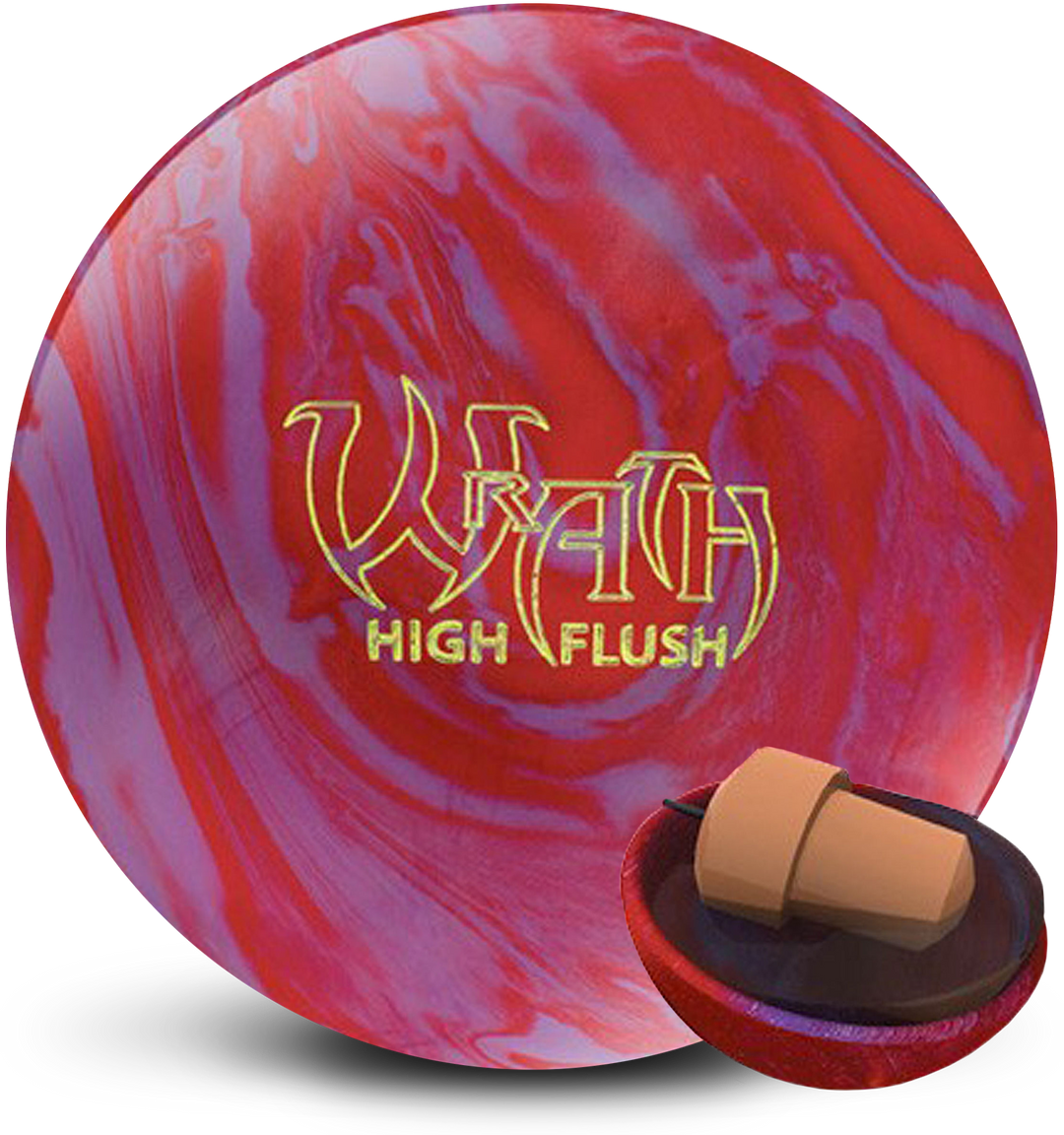 A purple and red pearl colored bowling ball with the Wrath High Flush logo in yellow centered prominently with a small image of the core in the lower righ-hand corner.