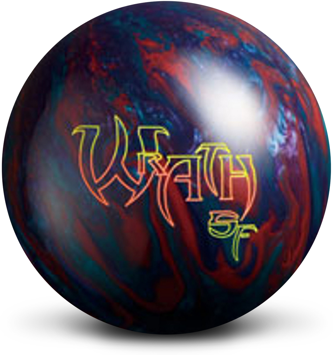 A teal, purple, and red colored bowling ball with the Wrath SF logo in yellow and orange centered prominently.