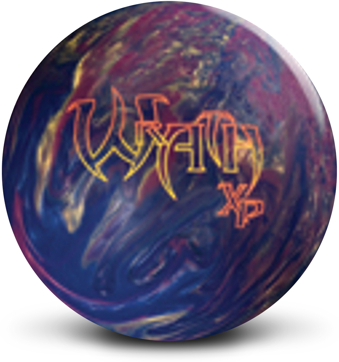 A burgundy, blue, and gold colored bowling ball with the Wrath XP logo in yellow and orange centered prominently.