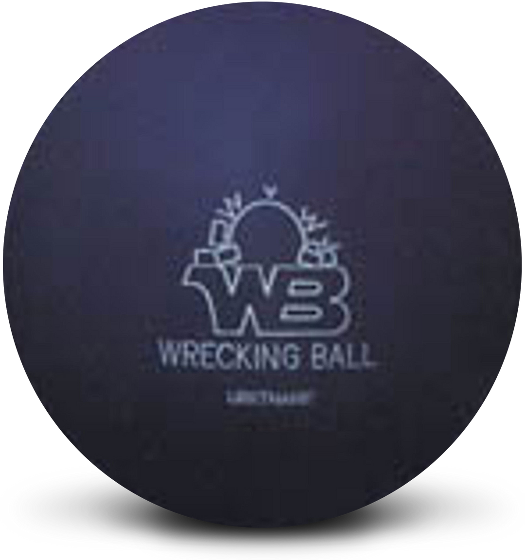 A black colored bowling ball with the Wrecking Ball logo in white centered prominently.