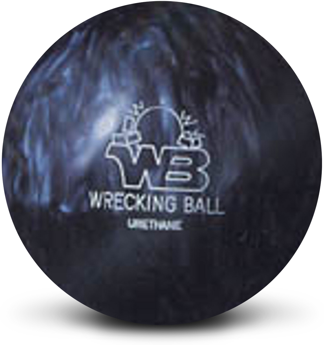 A grey pearl colored bowling ball with the Wrecking Ball logo in white centered prominently.