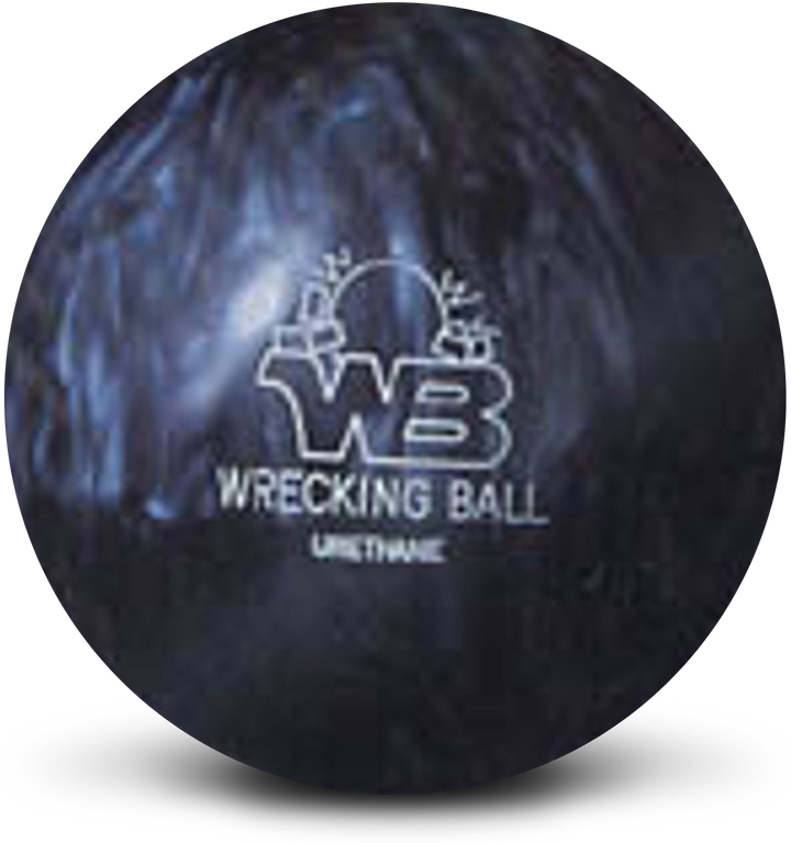A grey pearl colored bowling ball with the Wrecking Ball logo in white centered prominently.