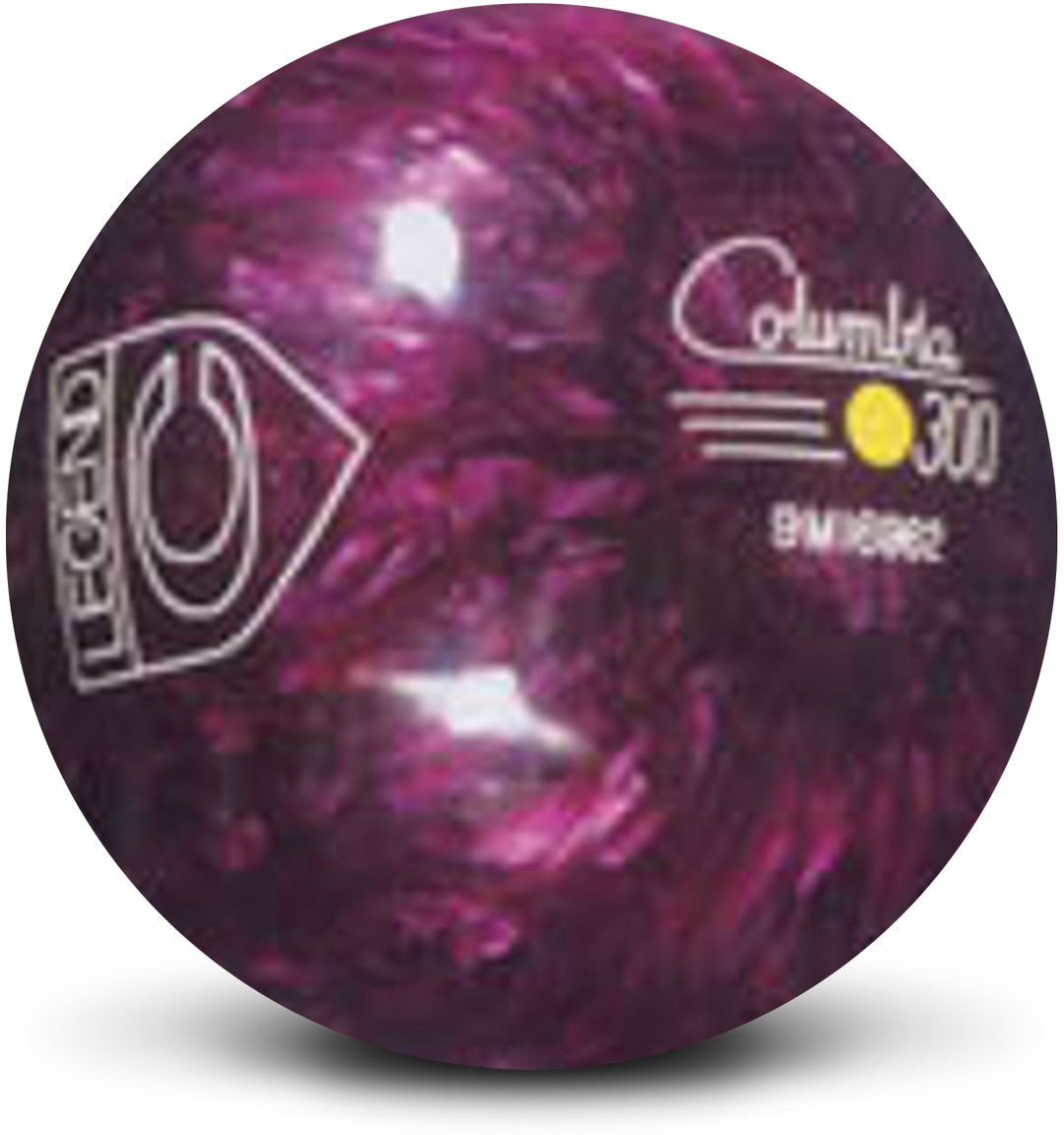 A scarlet colored bowling ball with the Columbia 300 Legend "C" logo in white along with the Columbia 300 logo in white with a yellow DOT in the center of the logo.